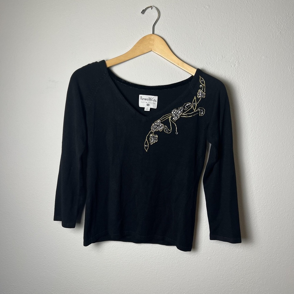 Pamela McCoy Sweater Womens Small Black Embellished Beaded Floral Pullover Top